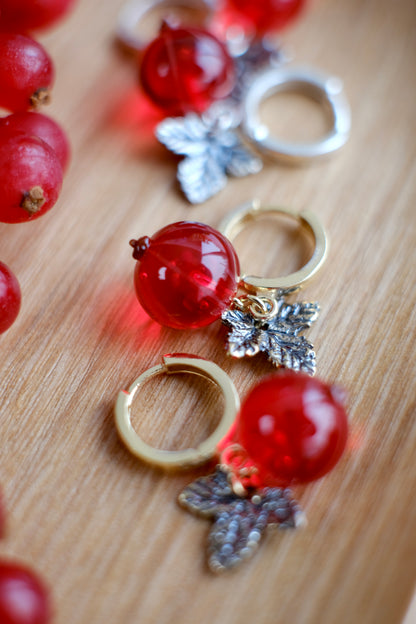 Murano glass red currant glass hoop earrings