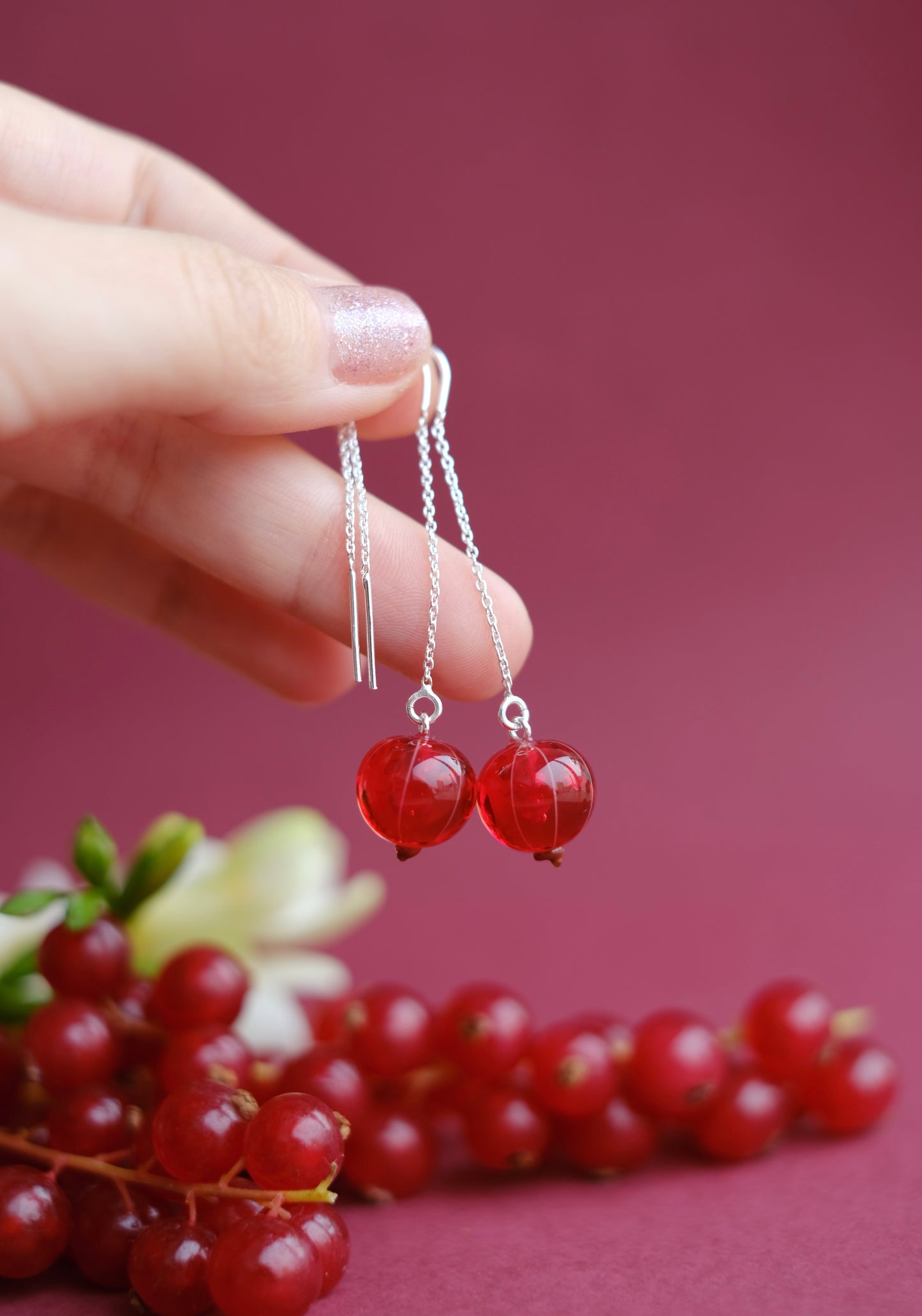 Murano glass red currant lampwork glass chain earrings