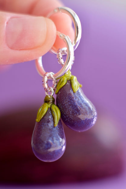 Lampwork glass eggplant hoop earrings