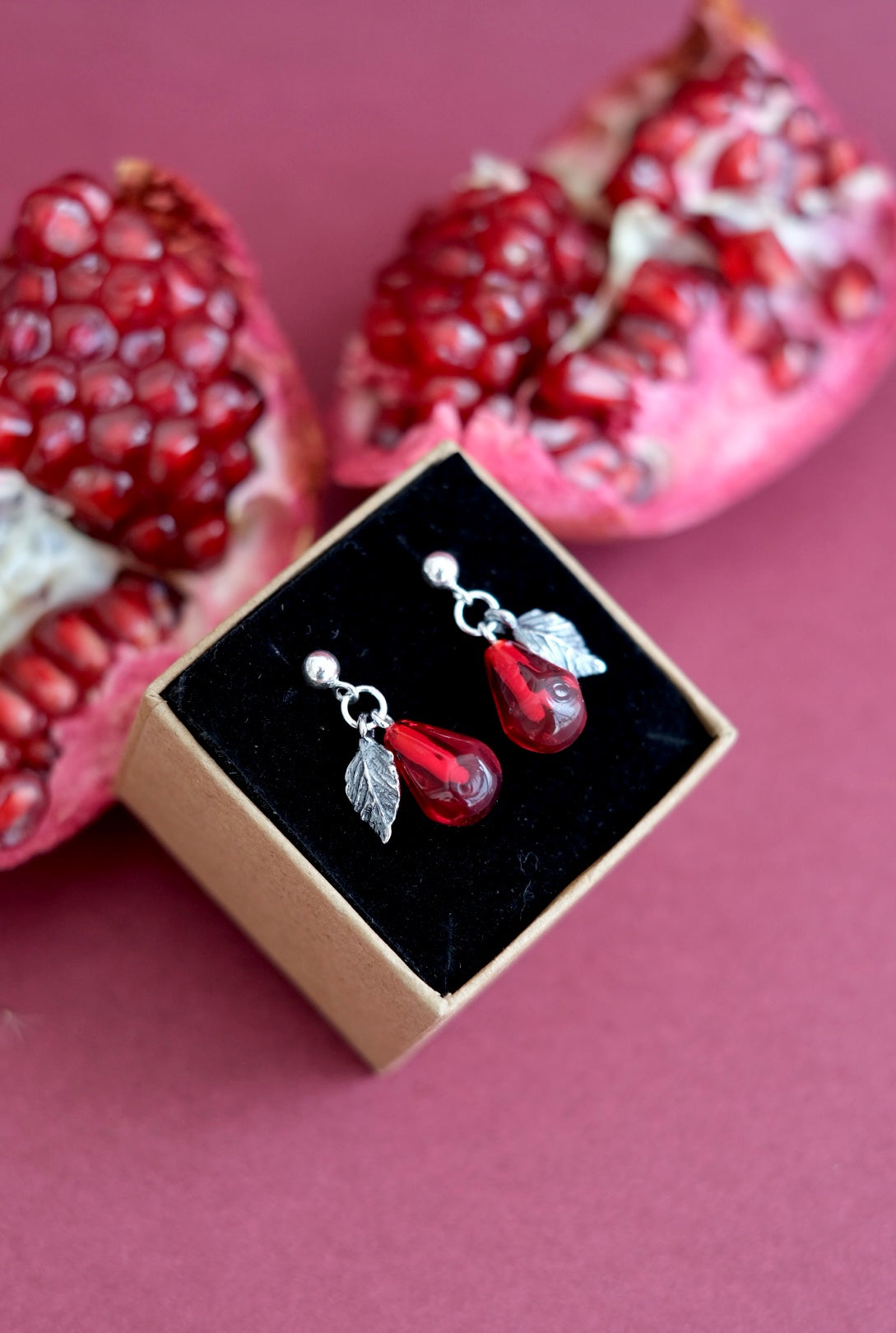 Murano glass pomegranate seed silver stud earrings