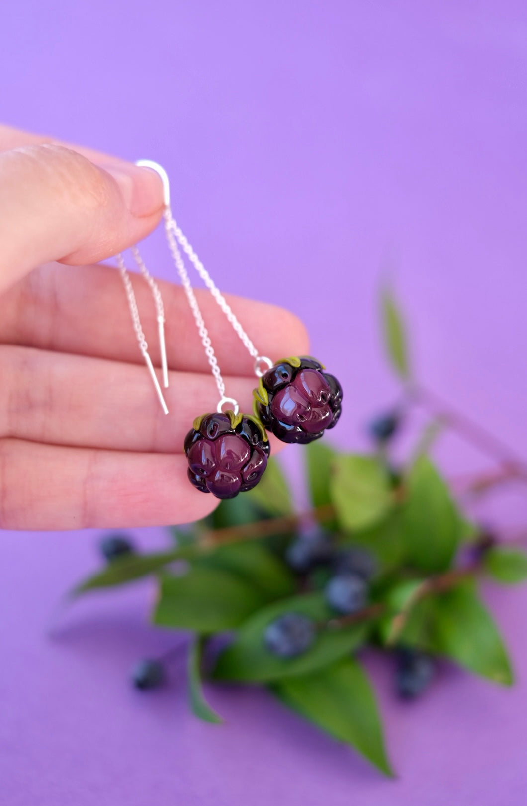 Lampwork glass Blackberry chain earrings