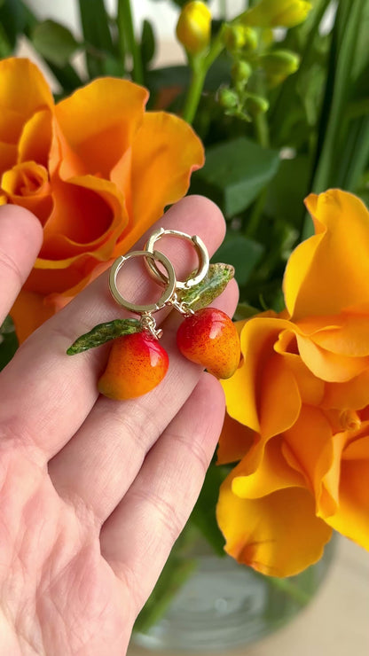 Mango lampwork glass hoop earrings