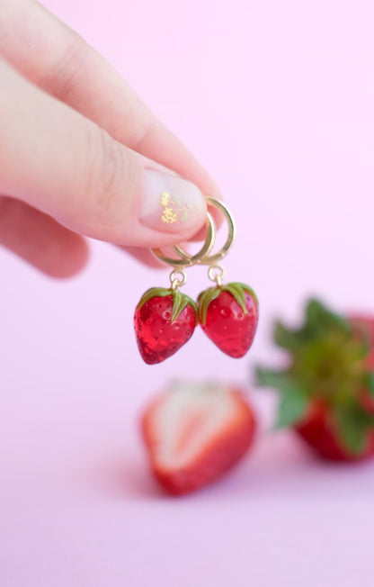 Lampwork glass strawberry hoop earrings