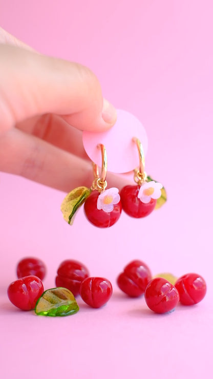 Lampwork glass cherry hoop earrings