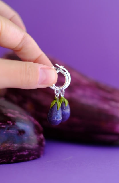 Lampwork glass eggplant hoop earrings