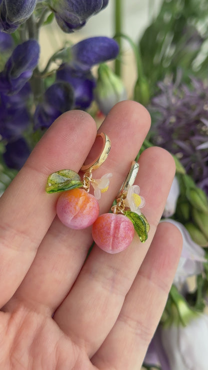 Lampwork glass peach hoop earrings