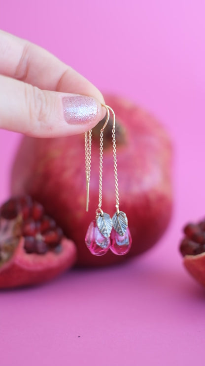 Lampwork murano glass pomegranate seed chain earrings (pink glass)