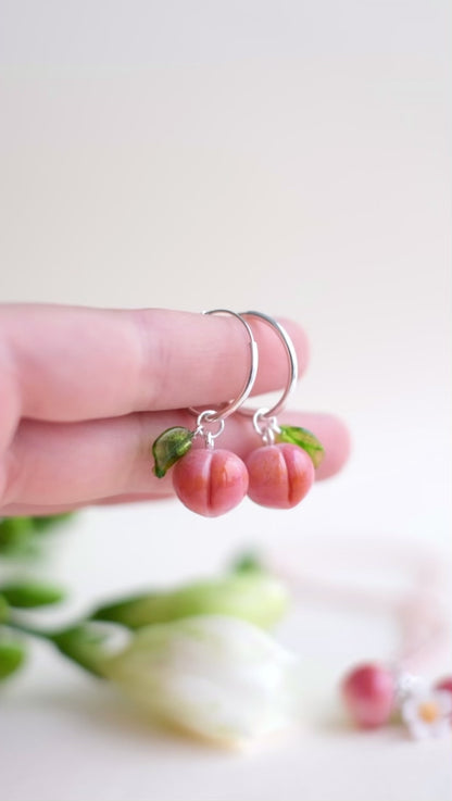Lampwork glass peach earrings on silver hoops