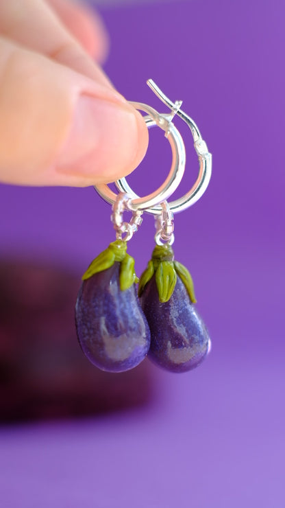 Lampwork glass eggplant hoop earrings